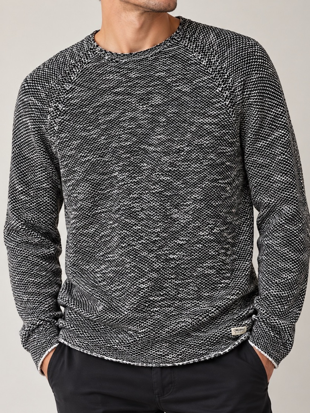 JACK & JONES Originals Black White Cotton Marled Knit Crew Neck Sweater XL